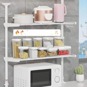 Étagère de cuisine double couche avec crochets, support pour four à micro-ondes et machine à pain, rangement pour épices
