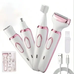 Ensemble de rasoir électrique rechargeable 4-en-1 pour femme - Tondeuse portable 500 mAh pour usage humide et sec, sans douleur, pour le visage, le nez, les jambes et les aisselles