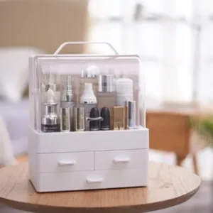 Organisateur de cosmétiques pour coiffeuse avec couvercle et tiroir – rangement étanche et anti-poussière pour soins de la peau