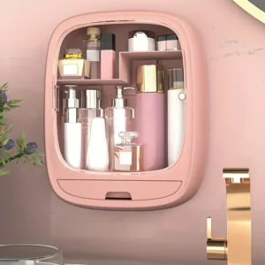 Boîte de rangement murale pour maquillage – Grande capacité, sans perçage, étanche et anti-poussière