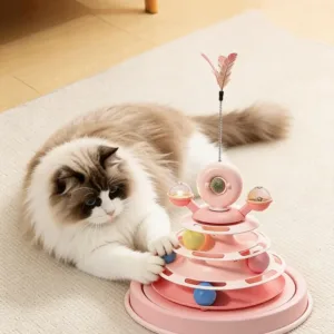 Jouet interactif pour chat à 4 niveaux – Tour rotative avec balles et plume