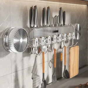 Support mural de cuisine multifonction à ventouse pour couteaux, rangement longue rangée avec crochets pour couteaux, support de rangement pour casseroles et ciseaux