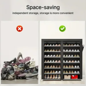 Étagère à chaussures à double rangée à 6 couches avec couvercle anti-poussière, chaussures faciles à assembler et à ranger, design en plastique noir