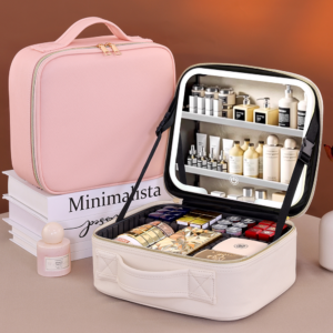Trousse de Maquillage avec Lumière LED et Miroir, Boîte de Rangement Cosmétique Étanche en PU